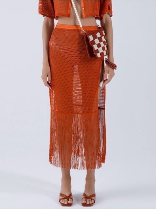 My Beachy Side Dresses & Skirts - My Beachy Side Camelia Knit Fringe Skirt Cover Up Size Medium NWT Orange Flame